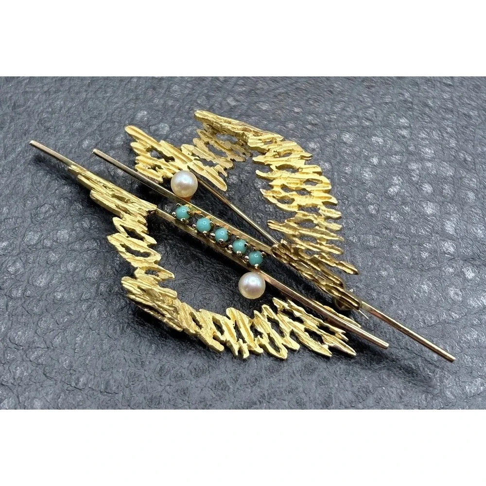 Vintage 18K Yellow Gold Abstract Modernist Style Pearl Blue Stone Brooch Pin